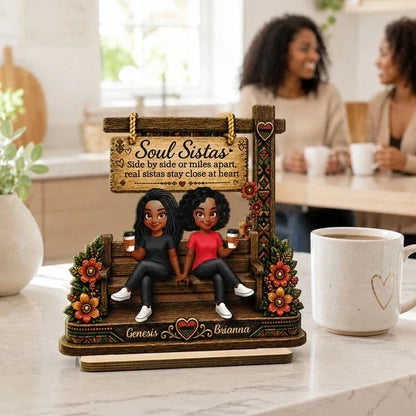 Personalized Layered Wooden Plaque, Soul Sistas Sharing Coffee on a Rustic Bench, Unique Gift for Best Friend