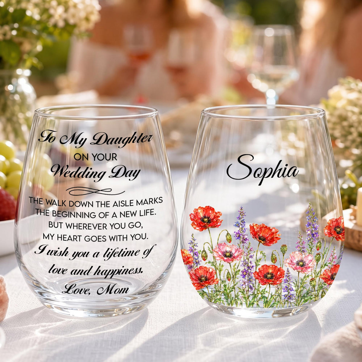 Personalized Wedding Day Granddaughter Flowers Stemless Wine Glass