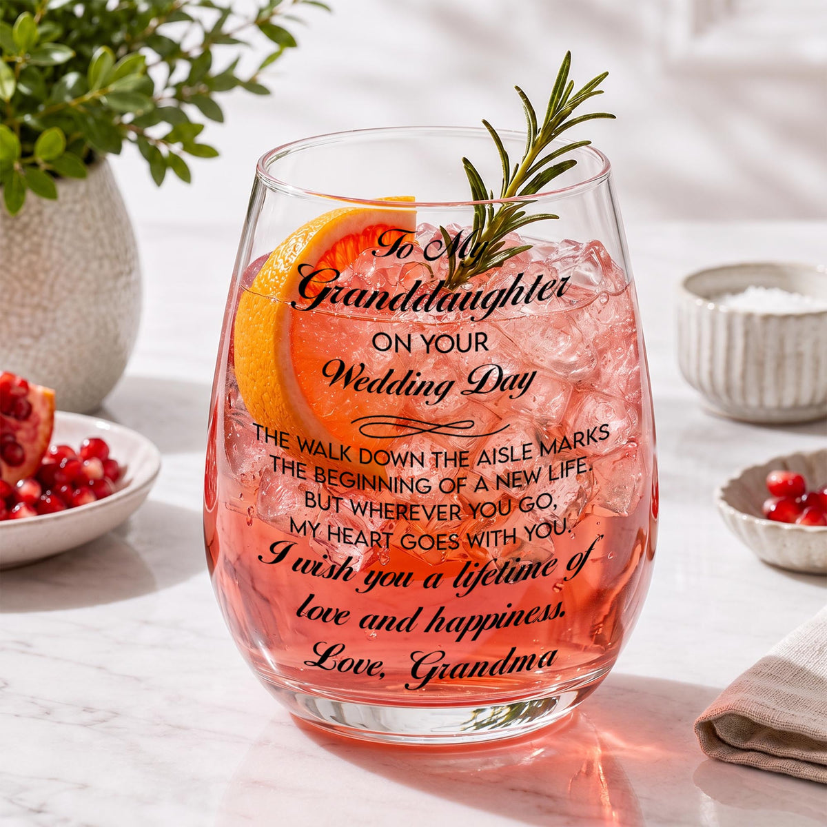 Personalized Wedding Day Granddaughter Flowers Stemless Wine Glass