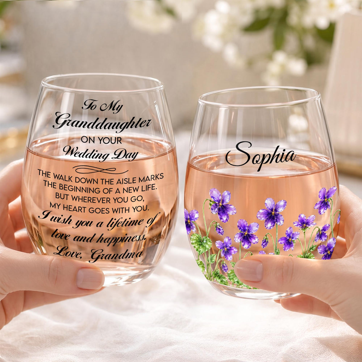 Personalized Wedding Day Granddaughter Flowers Stemless Wine Glass