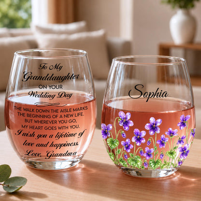 Personalized Wedding Day Granddaughter Flowers Stemless Wine Glass