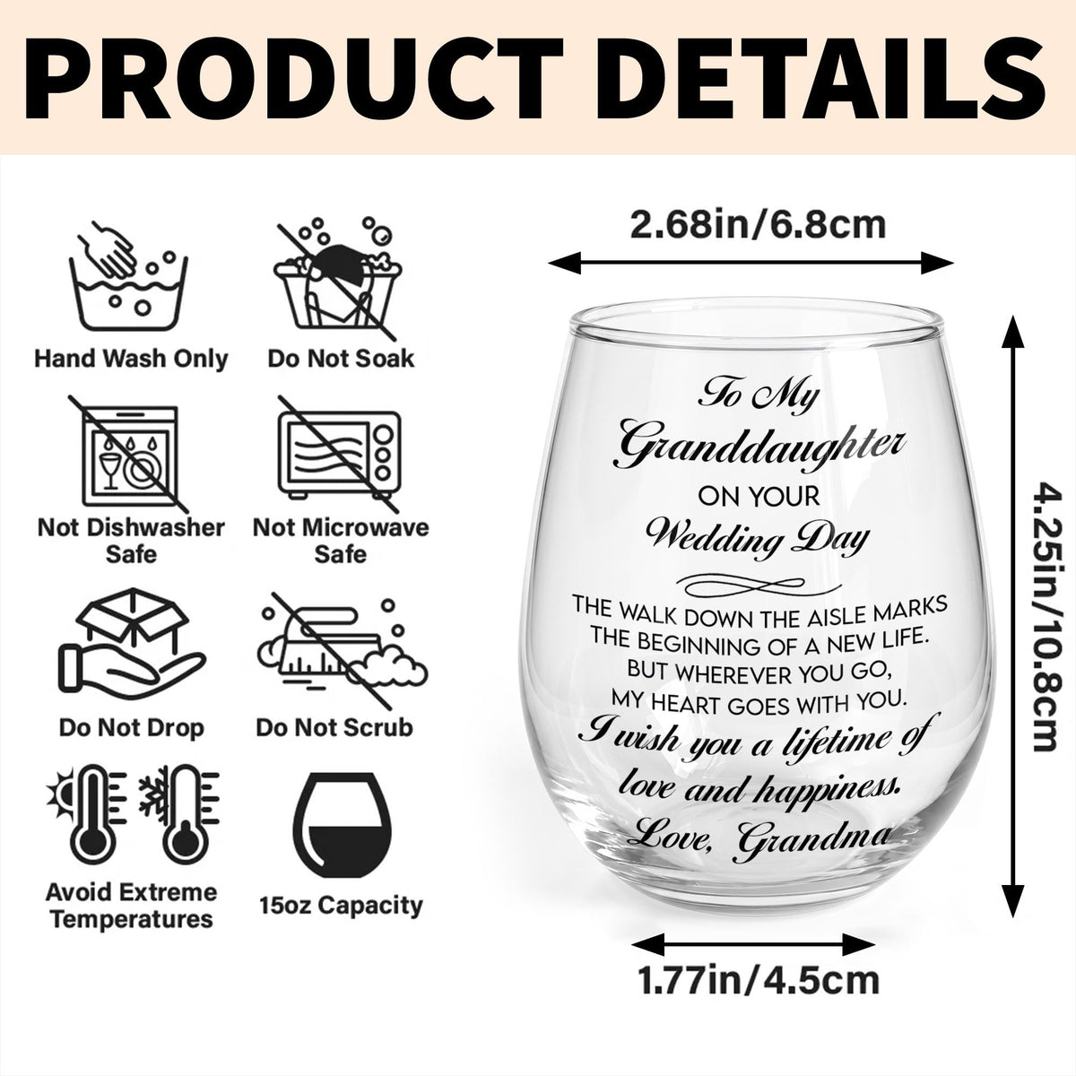 Personalized Wedding Day Granddaughter Flowers Stemless Wine Glass