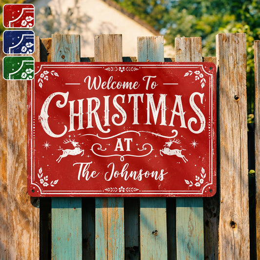 Welcome To Christmas At Our Home Reindeer Leaves - Personalized Metal Sign - XMAS337_MSIGN