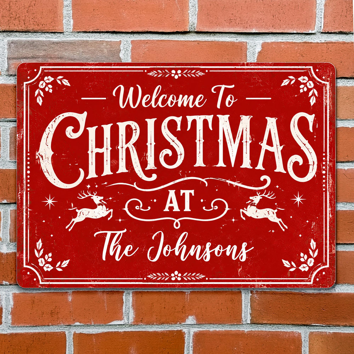 Welcome To Christmas At Our Home Reindeer Leaves - Personalized Metal Sign - XMAS337_MSIGN