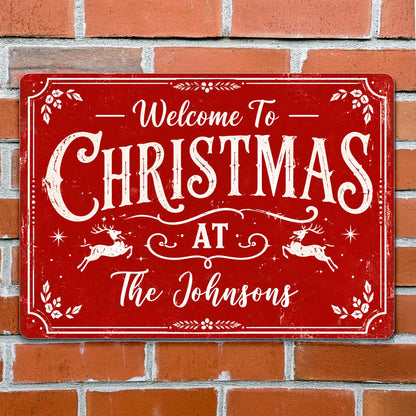 Welcome To Christmas At Our Home Reindeer Leaves - Personalized Metal Sign - XMAS337_MSIGN