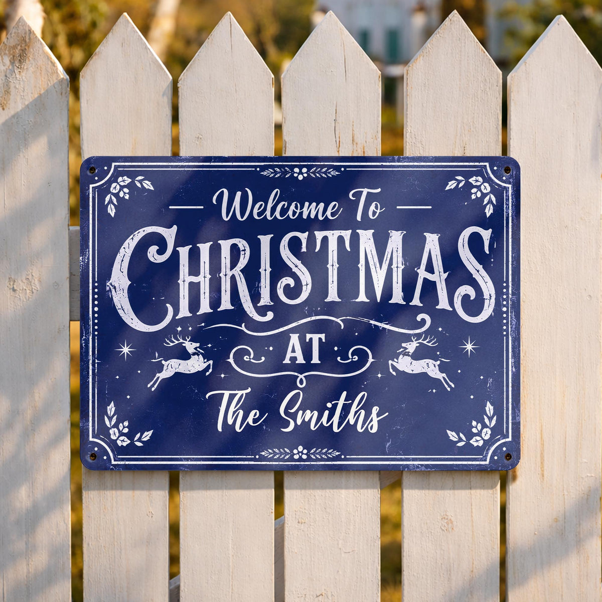 Welcome To Christmas At Our Home Reindeer Leaves - Personalized Metal Sign - XMAS337_MSIGN