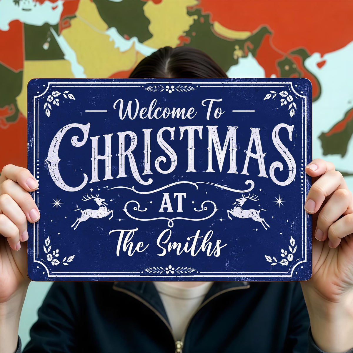 Welcome To Christmas At Our Home Reindeer Leaves - Personalized Metal Sign - XMAS337_MSIGN