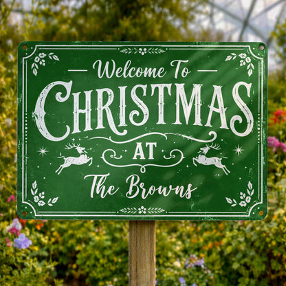 Welcome To Christmas At Our Home Reindeer Leaves - Personalized Metal Sign - XMAS337_MSIGN