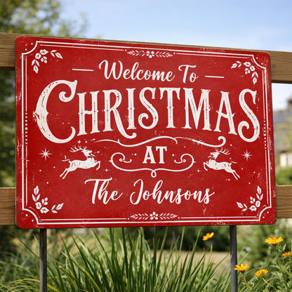 Welcome To Christmas At Our Home Reindeer Leaves - Personalized Metal Sign - XMAS337_MSIGN