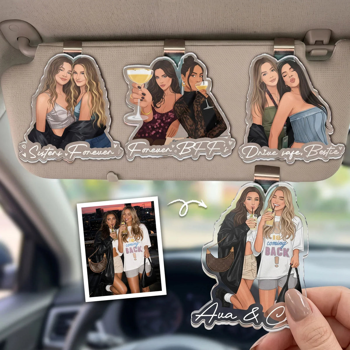 Personalized Acrylic Car Visor Clip, Illustrated Friends Posing, Unique Gift for a Friend