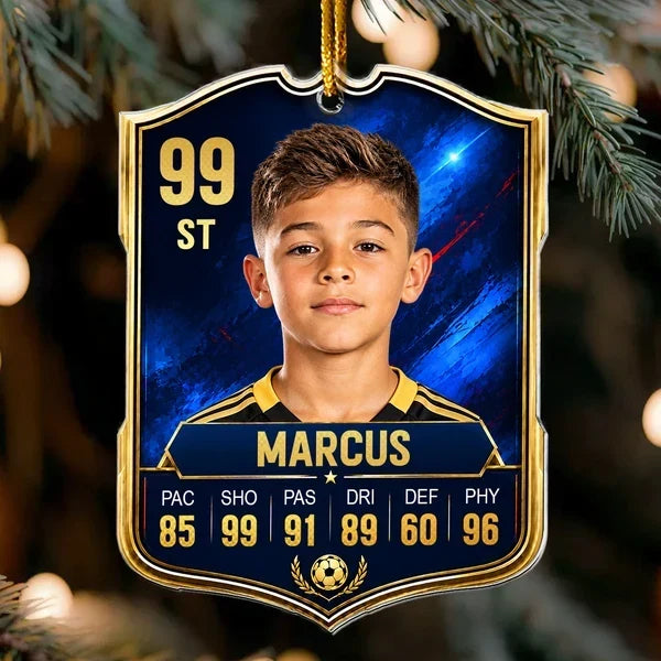 Personalized Soccer Card Acrylic Ornament, Blue and Gold Player Portrait, Unique Gift for Soccer Fans