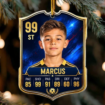 Personalized Soccer Card Acrylic Ornament, Blue and Gold Player Portrait, Unique Gift for Soccer Fans
