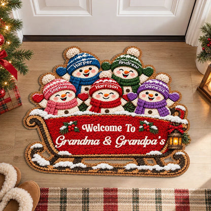 Personalized Shaped Doormat with Snowman Family on a Sleigh, Christmas Decor, Unique Gift for Grandparents