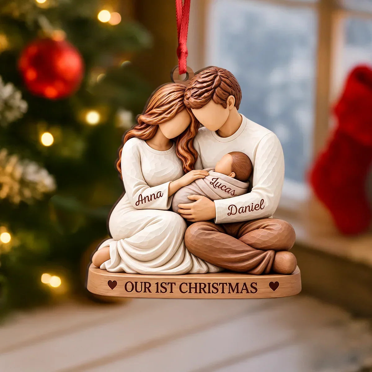 Personalized Wooden Ornament, Parents Cradling Baby, First Christmas Unique Gift for New Parents