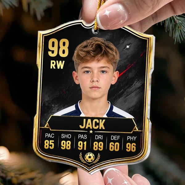 Personalized Soccer Card Acrylic Ornament, Blue and Gold Player Portrait, Unique Gift for Soccer Fans