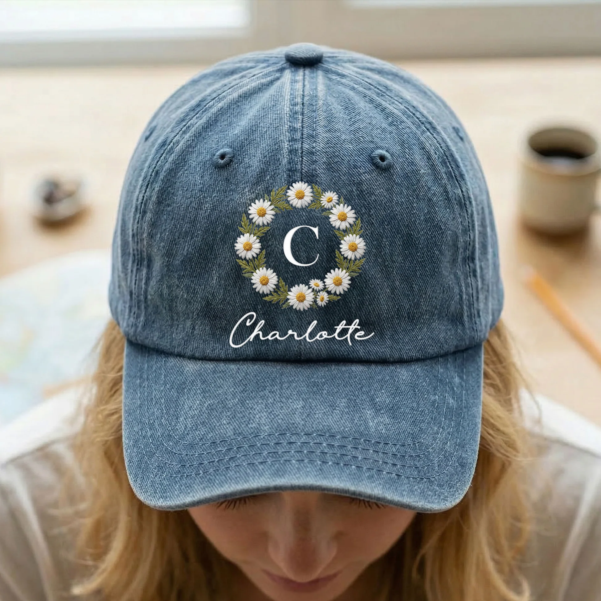 Personalized Birth Flower Wreath Denim Baseball Cap