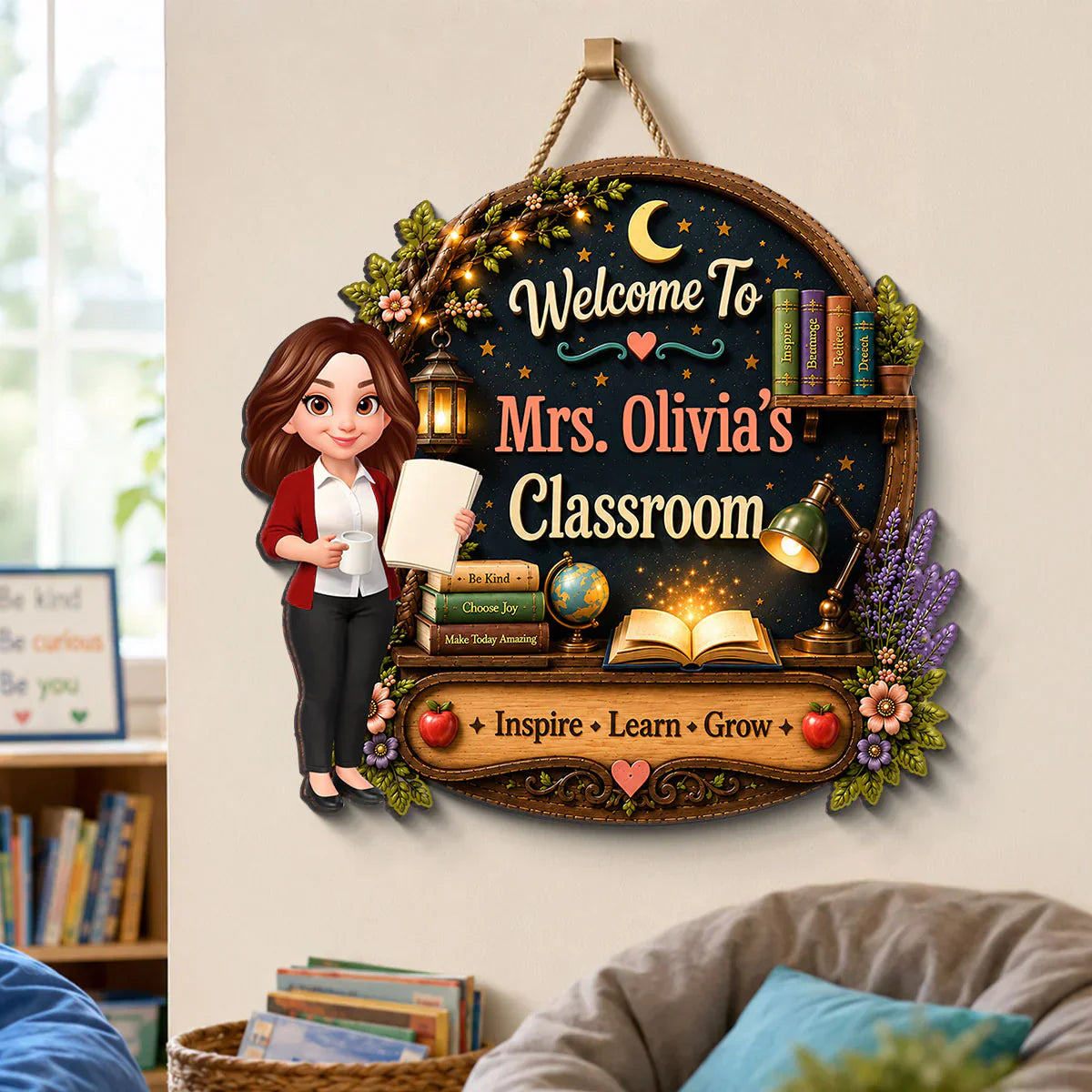 Personalized Inspire Learn Grow Teacher Wooden Sign