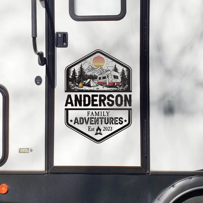 Personalized Sticker Decal for RV Camper Family Adventures Badge, Mountain Camping Scene, Unique Gift for Travel Lovers