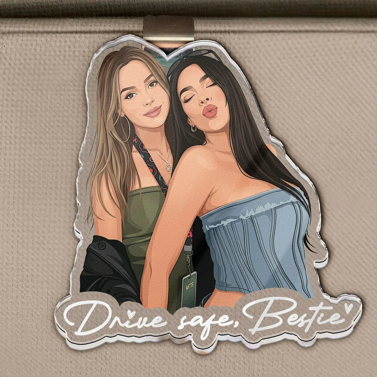 Personalized Acrylic Car Visor Clip, Illustrated Friends Posing, Unique Gift for a Friend