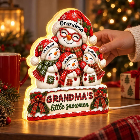 Personalized Acrylic Light Box, Smiling Grandma and Little Snowmen Christmas Scene, Unique Gift for Grandma