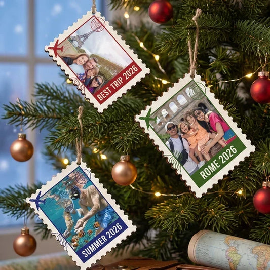 Personalized Postage Stamp Family Travel Photo Wooden Tree Ornament