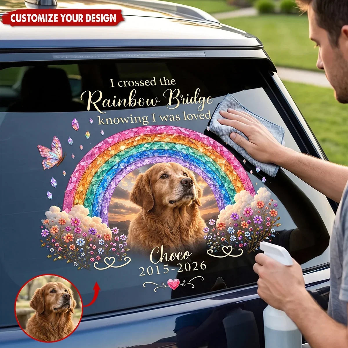 Personalized Sticker Decal, Dog Portrait Beneath a Rainbow, Unique Creative Pet Memorial Gift for Dog Owners