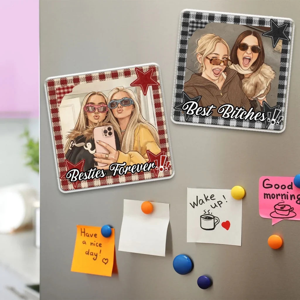 Personalized Acrylic Fridge Magnet, Colorful Plaid Selfie Portrait, Unique Creative Gift for a Close Friend