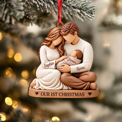 Personalized Wooden Ornament, Parents Cradling Baby, First Christmas Unique Gift for New Parents
