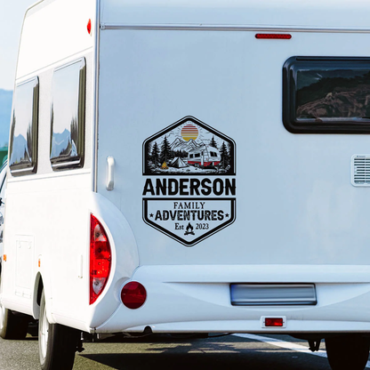 Personalized Sticker Decal for RV Camper Family Adventures Badge, Mountain Camping Scene, Unique Gift for Travel Lovers