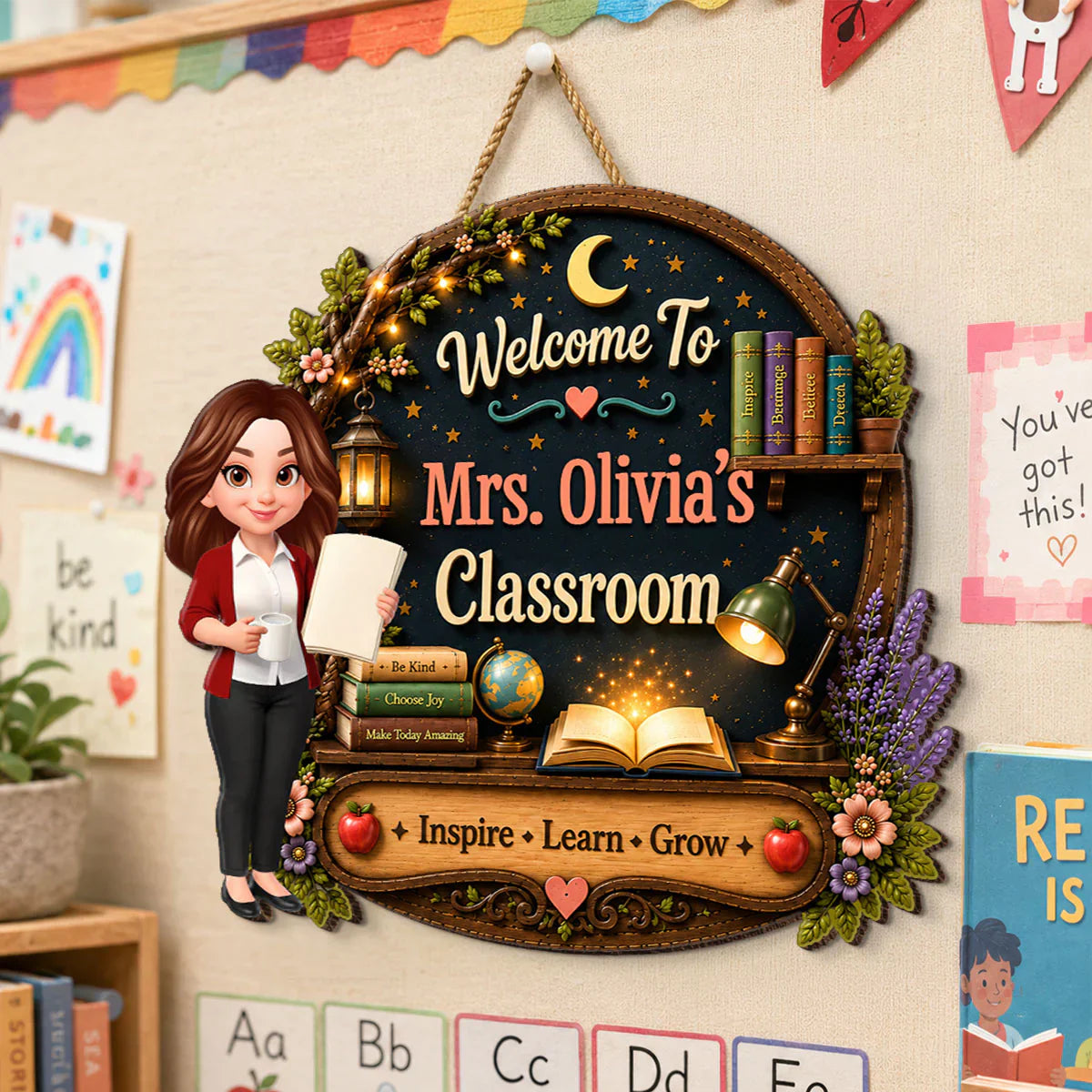 Personalized Inspire Learn Grow Teacher Wooden Sign