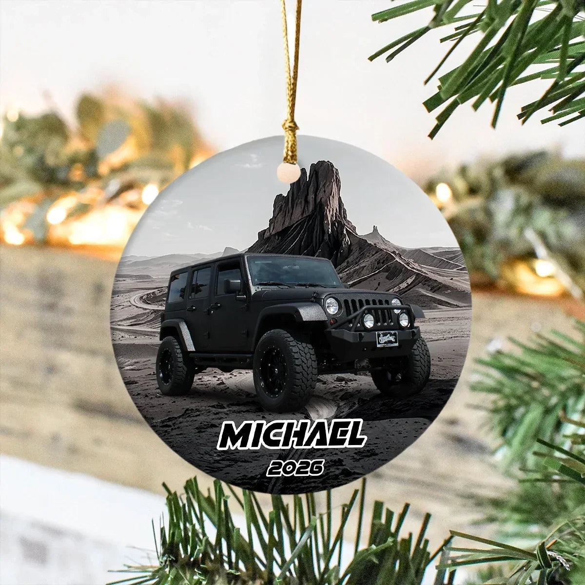 Personalized Red Off-Road Car Desert Road Ceramic Ornament