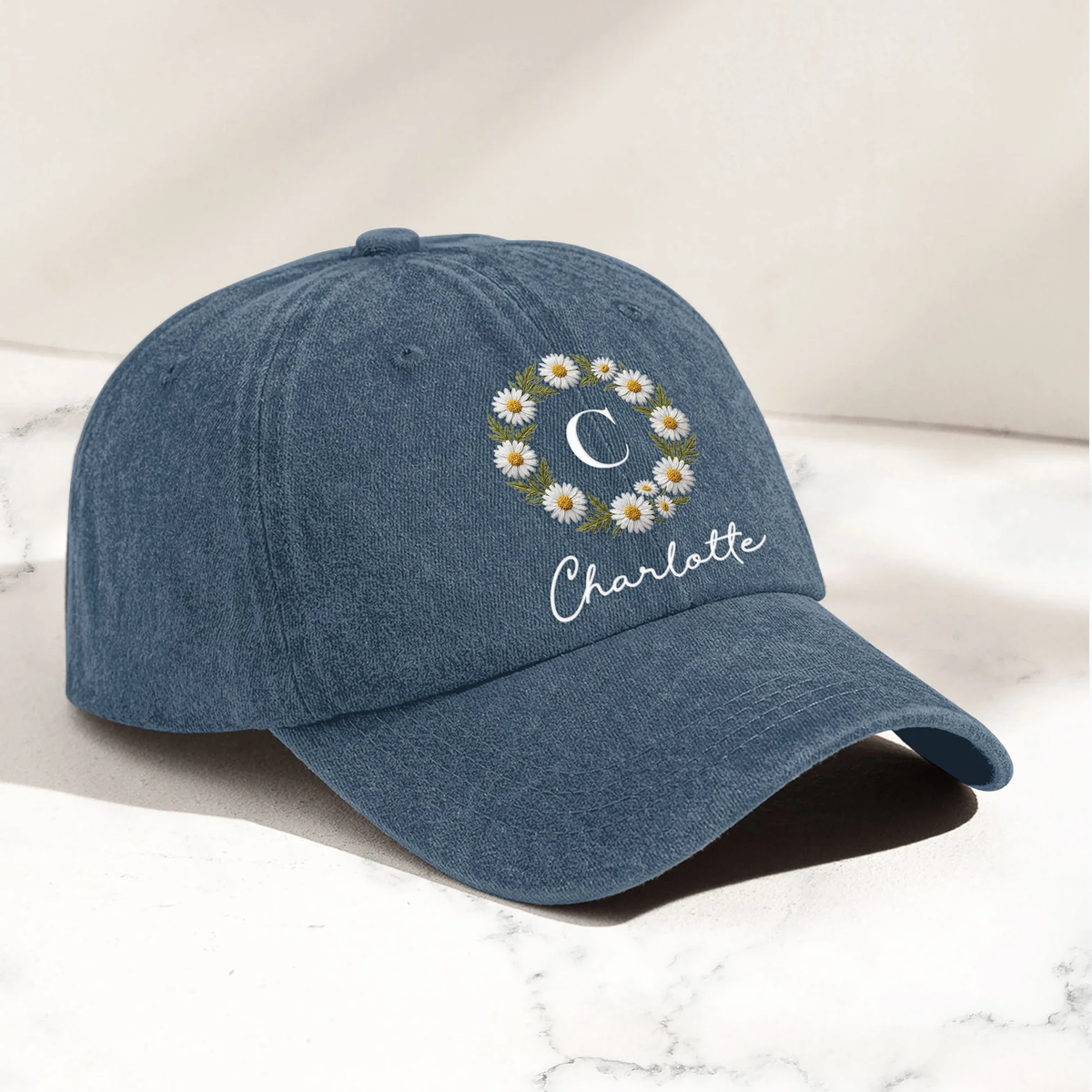 Personalized Birth Flower Wreath Denim Baseball Cap