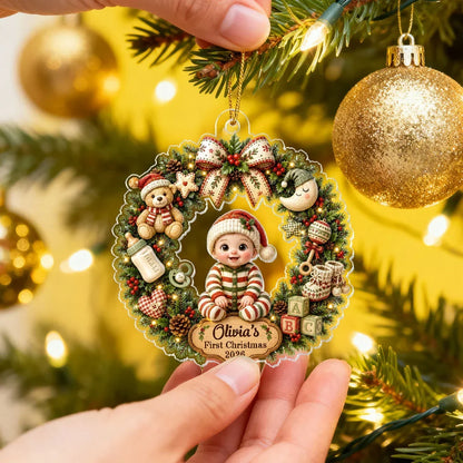 Personalized Acrylic Ornament, Cute Cartoon Baby in Christmas Wreath, Unique First Christmas Gift for New Parents
