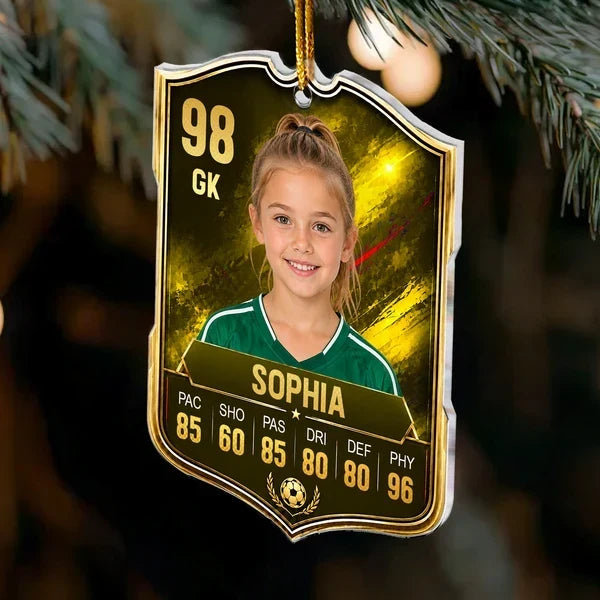 Personalized Soccer Card Acrylic Ornament, Blue and Gold Player Portrait, Unique Gift for Soccer Fans