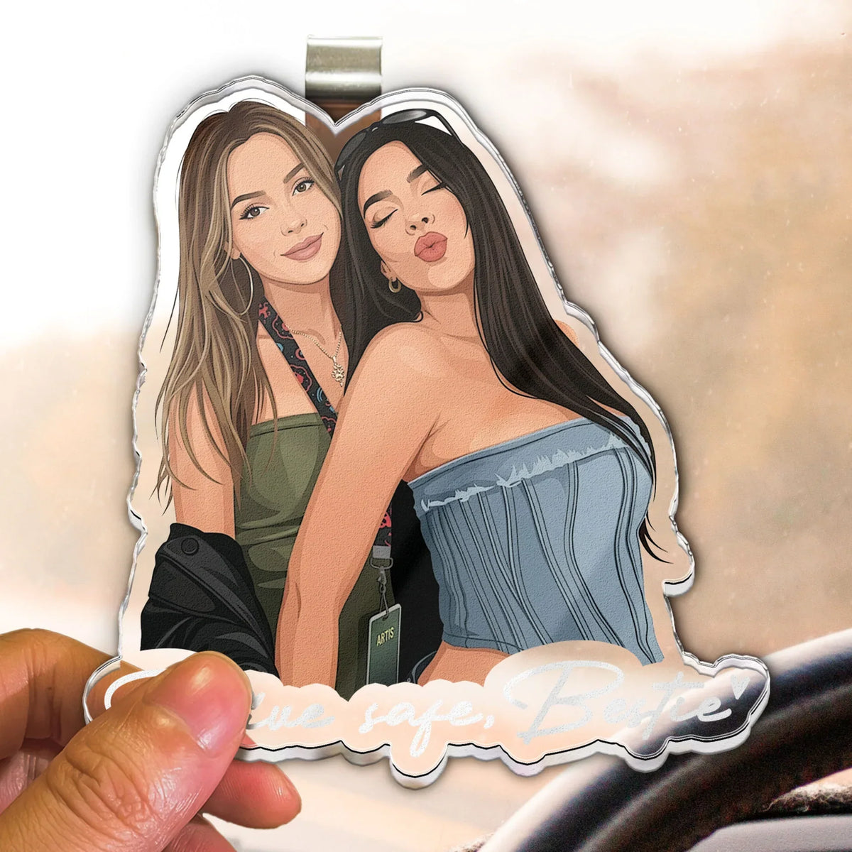 Personalized Acrylic Car Visor Clip, Illustrated Friends Posing, Unique Gift for a Friend