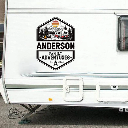 Personalized Sticker Decal for RV Camper Family Adventures Badge, Mountain Camping Scene, Unique Gift for Travel Lovers