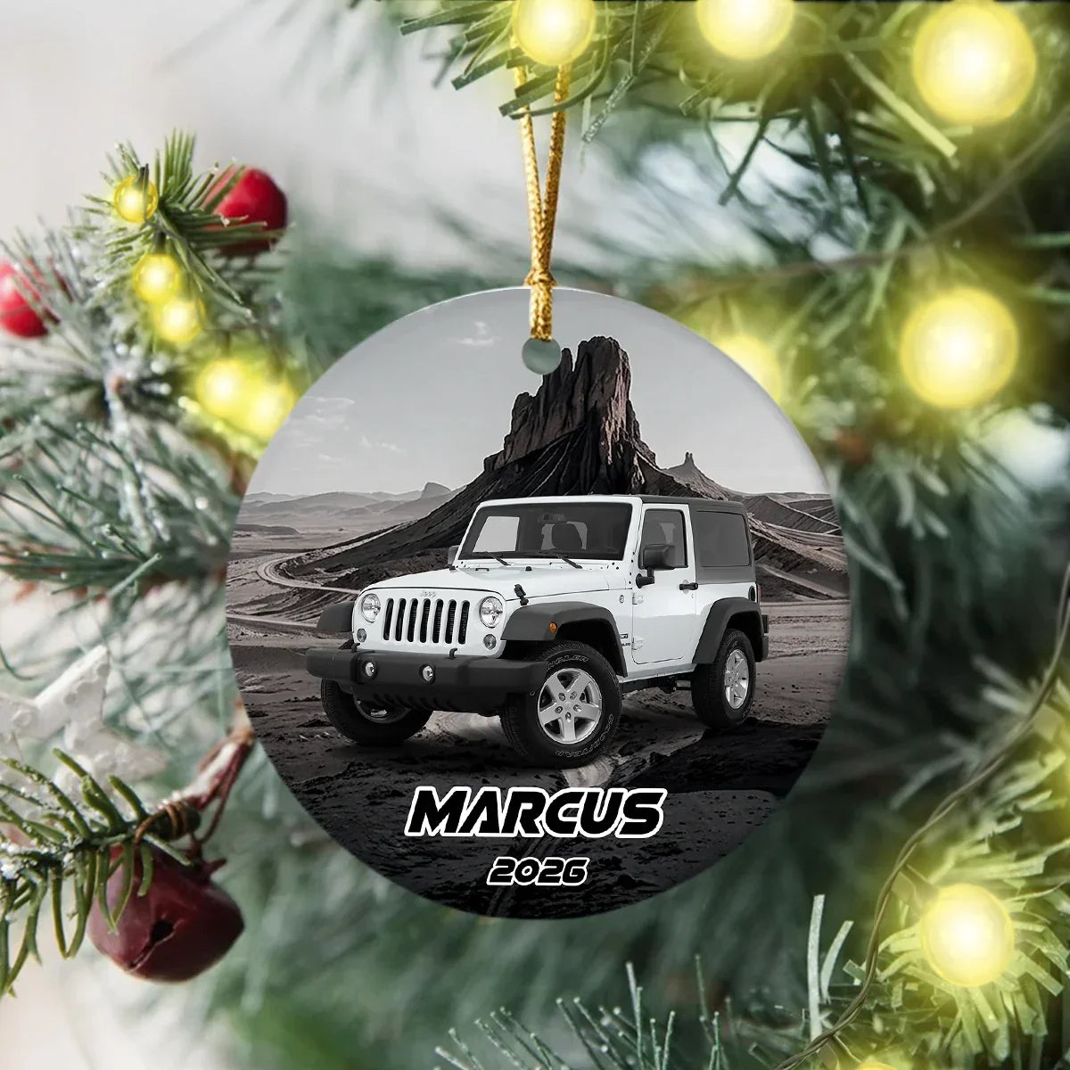 Personalized Red Off-Road Car Desert Road Ceramic Ornament