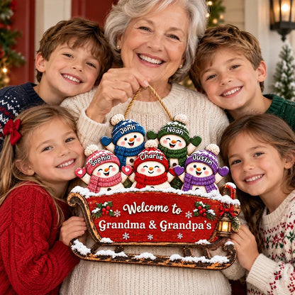 Personalized Wooden Sign with Cheerful Snowmen on a Sleigh, Unique Christmas Gift for Grandma & Grandpa