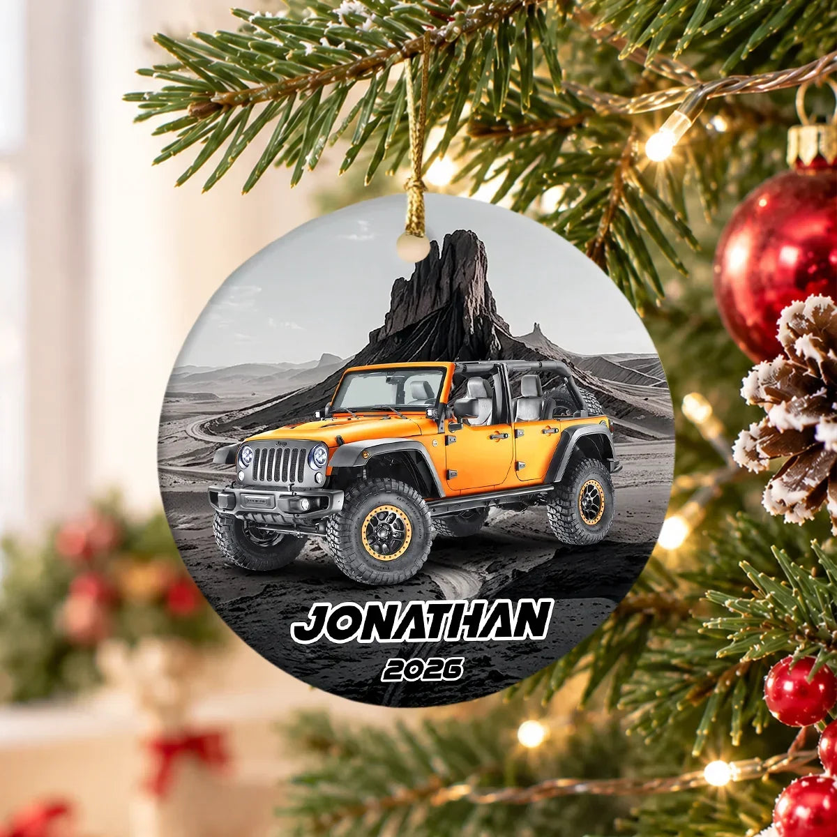 Personalized Red Off-Road Car Desert Road Ceramic Ornament