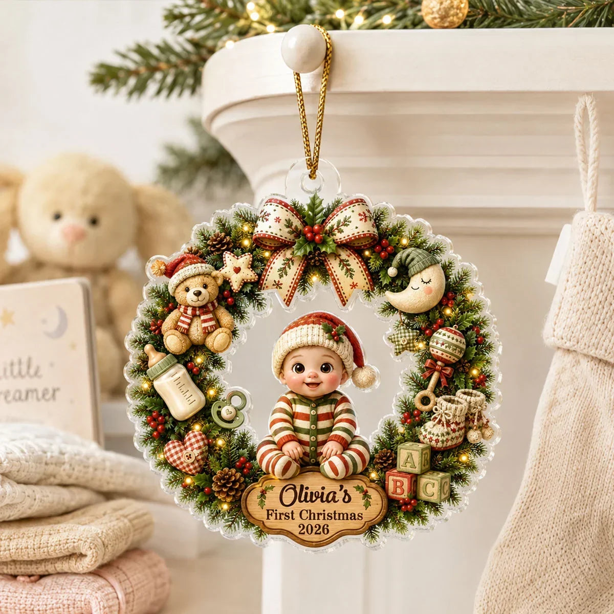 Personalized Acrylic Ornament, Cute Cartoon Baby in Christmas Wreath, Unique First Christmas Gift for New Parents