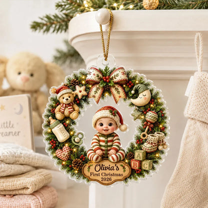 Personalized Acrylic Ornament, Cute Cartoon Baby in Christmas Wreath, Unique First Christmas Gift for New Parents