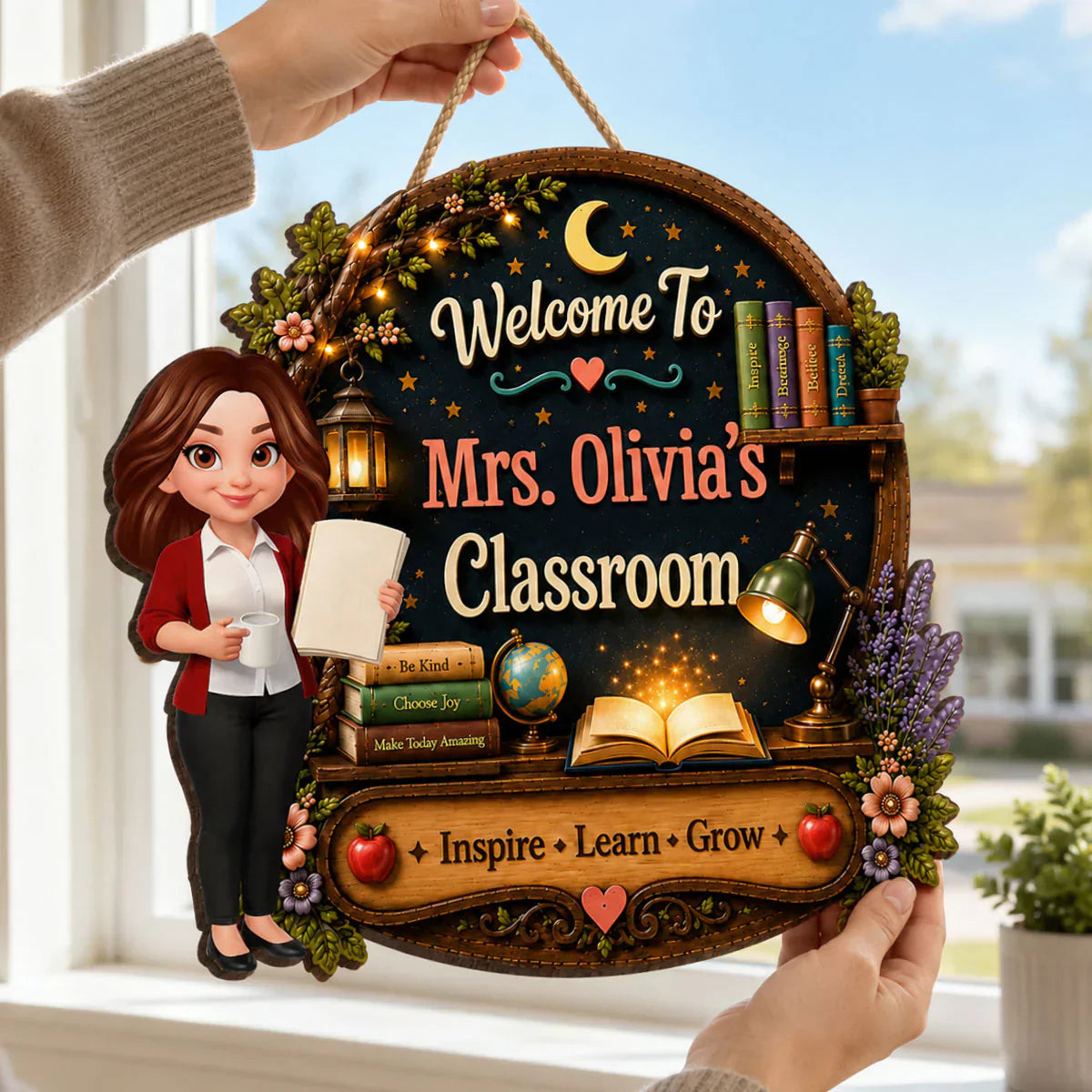 Personalized Inspire Learn Grow Teacher Wooden Sign