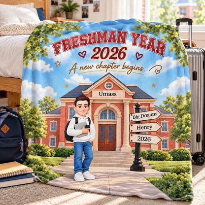 Personalized Fleece Blanket, Student Holding Books on a Sunny Campus, Unique College Gift