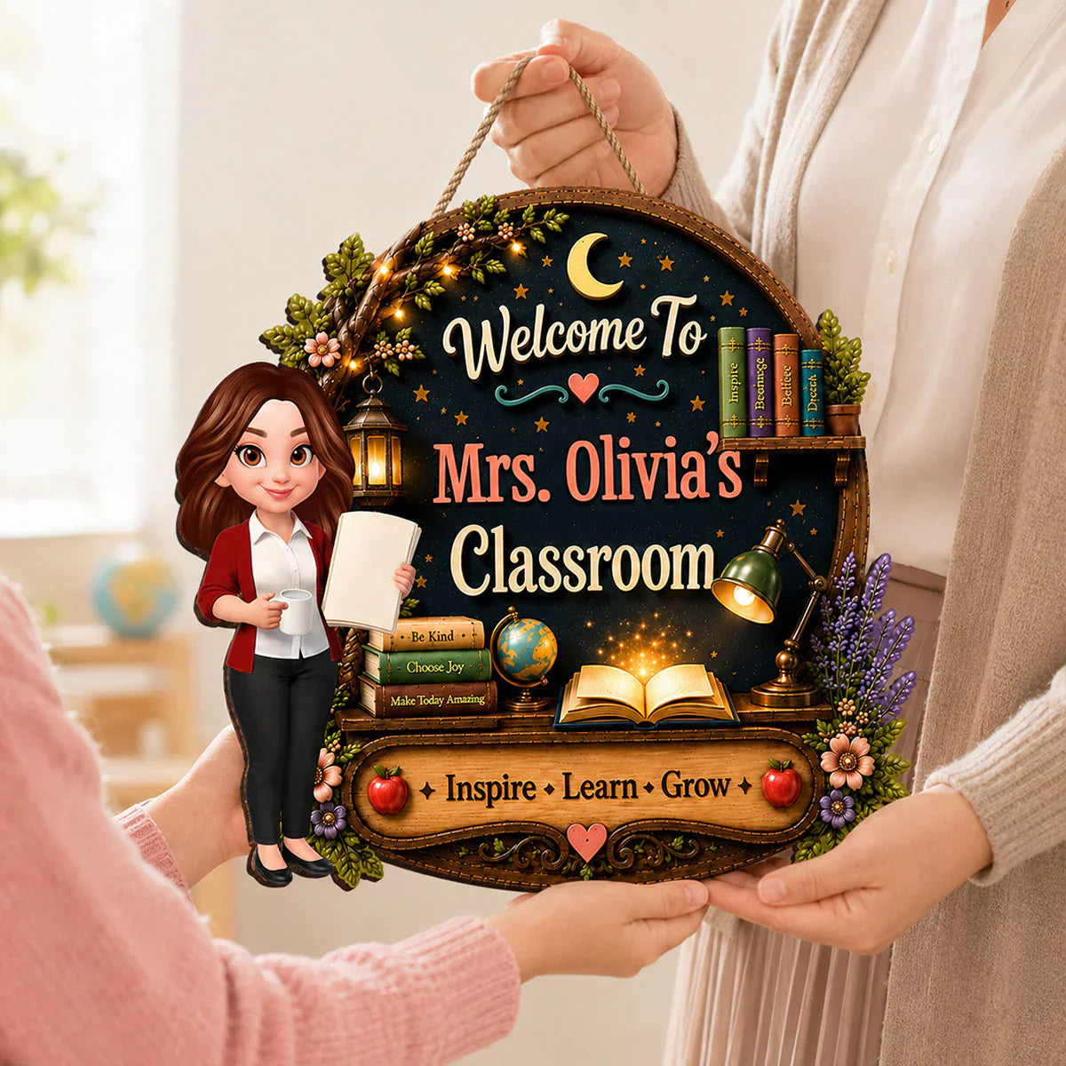 Personalized Inspire Learn Grow Teacher Wooden Sign
