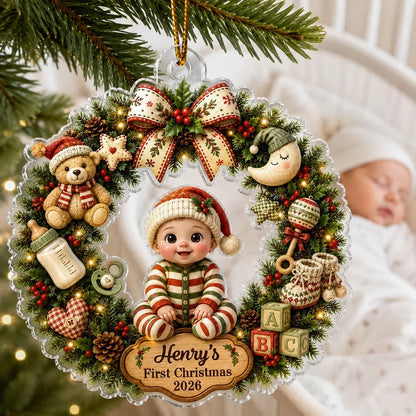 Personalized Acrylic Ornament, Cute Cartoon Baby in Christmas Wreath, Unique First Christmas Gift for New Parents
