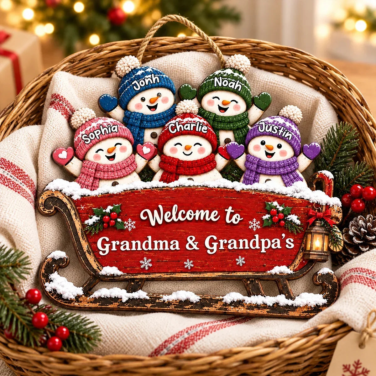 Personalized Wooden Sign with Cheerful Snowmen on a Sleigh, Unique Christmas Gift for Grandma & Grandpa