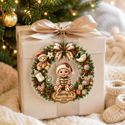 Personalized Acrylic Ornament, Cute Cartoon Baby in Christmas Wreath, Unique First Christmas Gift for New Parents
