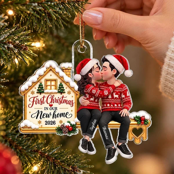 First Christmas Acrylic Ornament, Personalized Kissing Couple at Their New Home, Creative Romantic Gift
