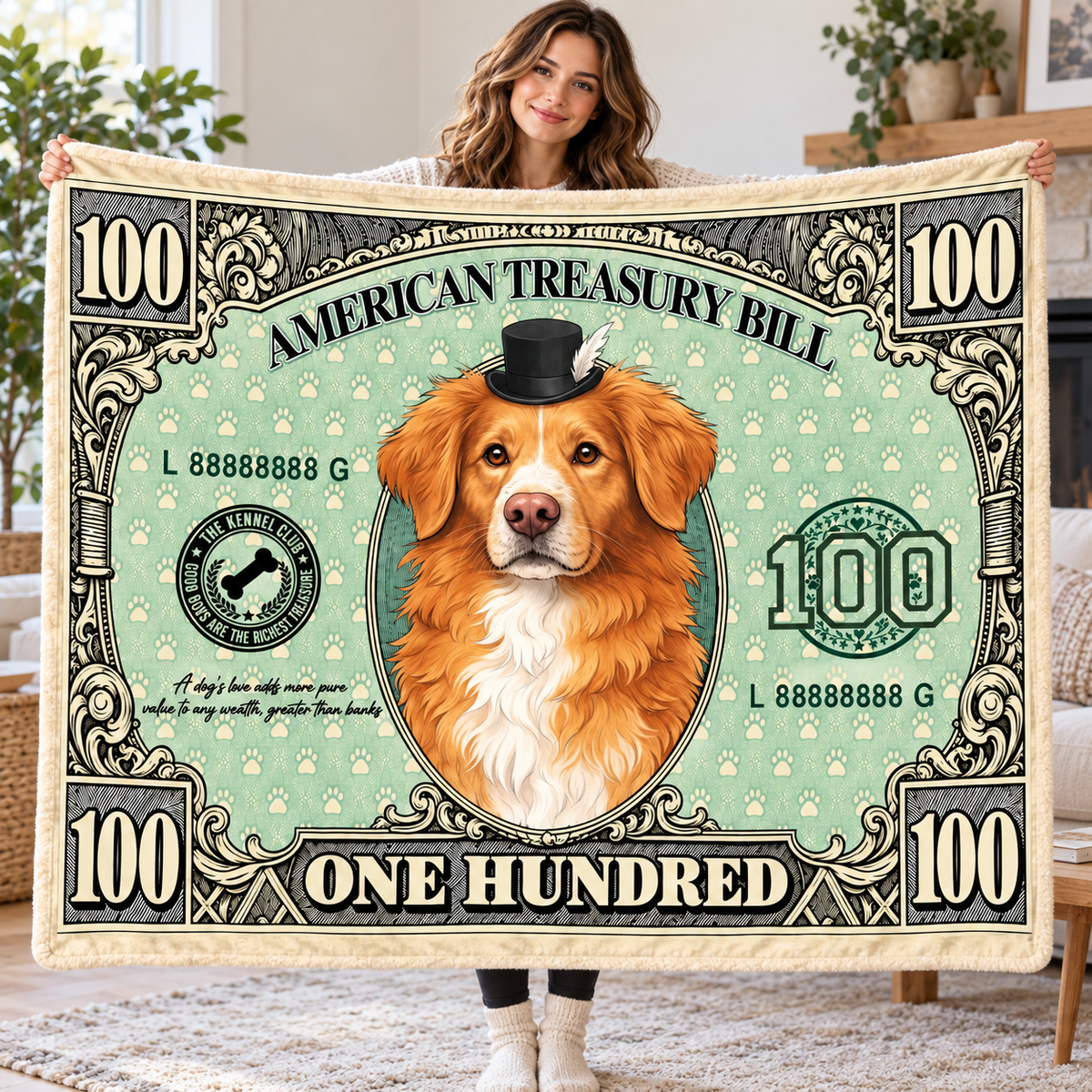 Personalized Pet 100 Dollar Bill Throw Blanket