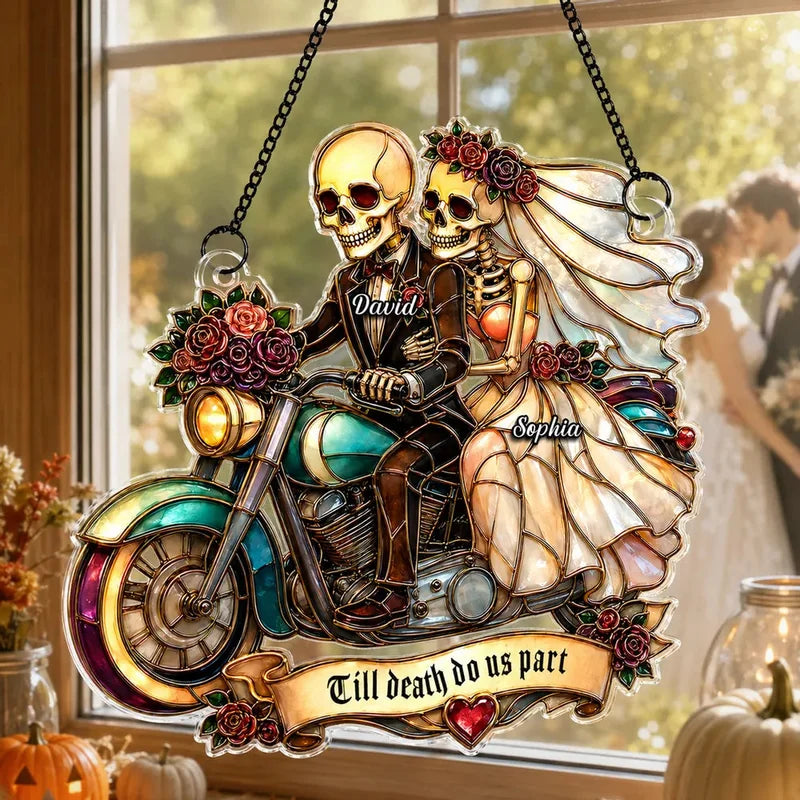 Personalized Skeleton Newlyweds Motorcycle Suncatcher